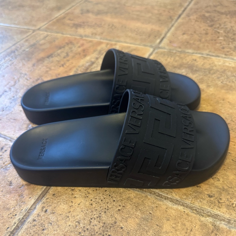 Versace Matte Black Embossed Slide Sandals